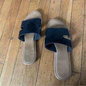 Black and Tan Slip-On Sandals with Suede Straps